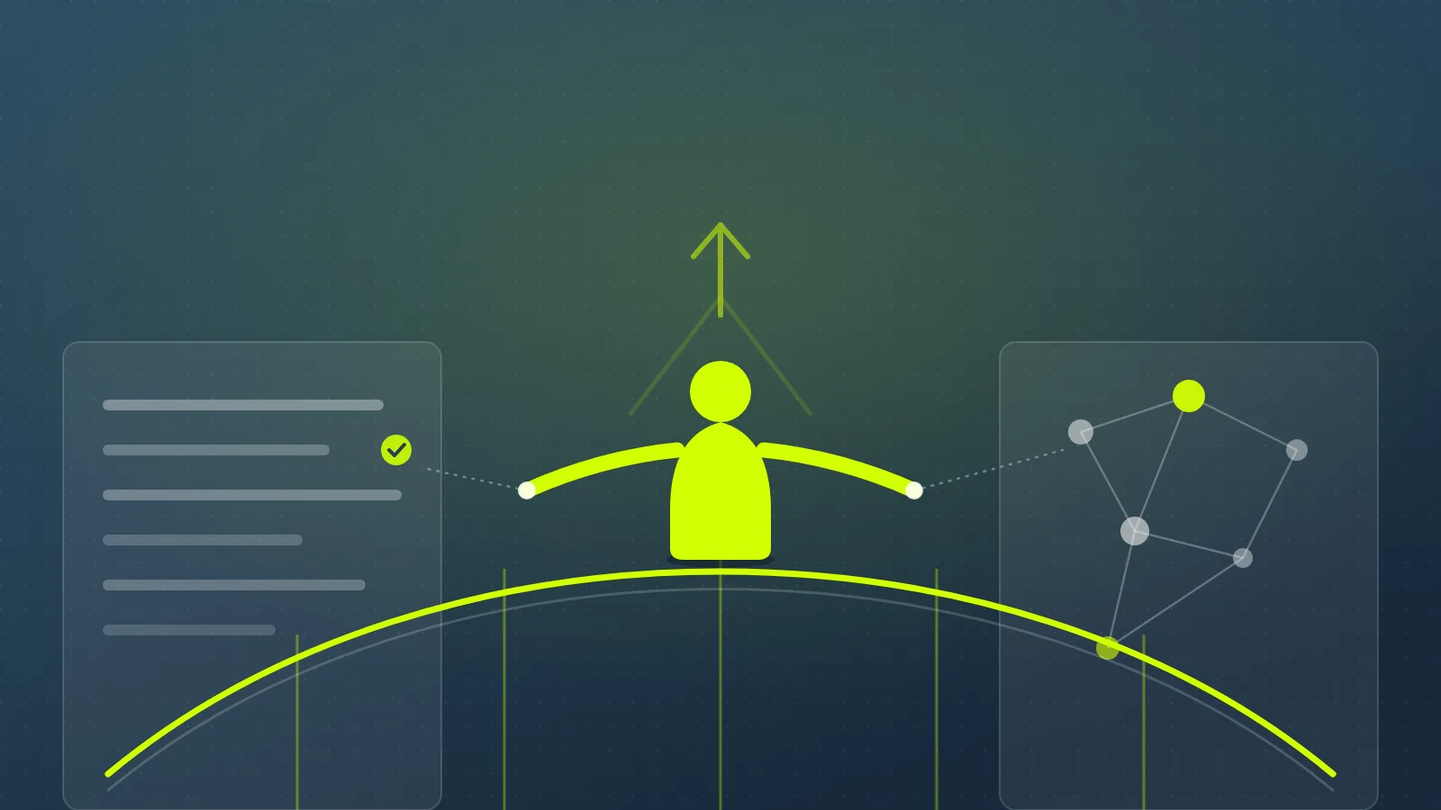 Illustratie: een figuur staat op een stijgende brug tussen de werkvloer en een netwerk van AI-modellen